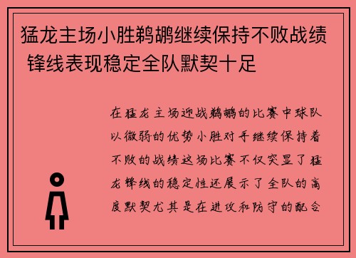 猛龙主场小胜鹈鹕继续保持不败战绩 锋线表现稳定全队默契十足