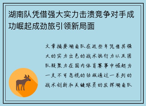 湖南队凭借强大实力击溃竞争对手成功崛起成劲旅引领新局面