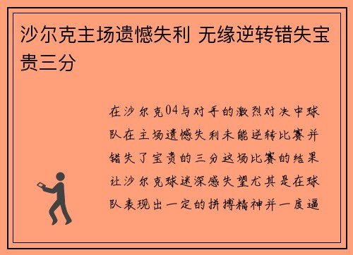 沙尔克主场遗憾失利 无缘逆转错失宝贵三分
