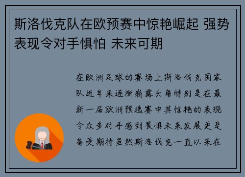 斯洛伐克队在欧预赛中惊艳崛起 强势表现令对手惧怕 未来可期